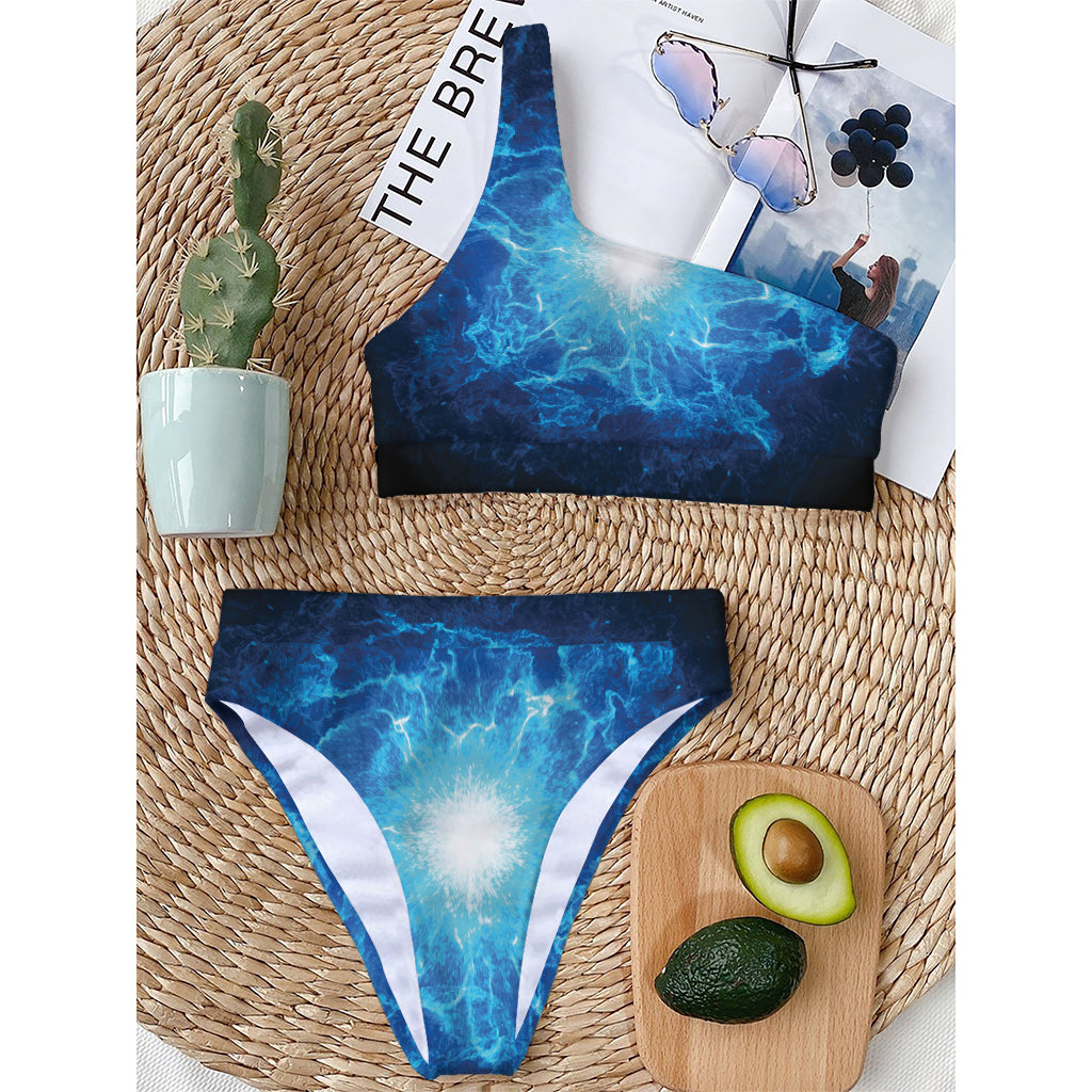Blue Plasma Energy Print One Shoulder Bikini Top