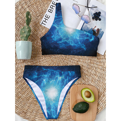 Blue Plasma Energy Print One Shoulder Bikini Top