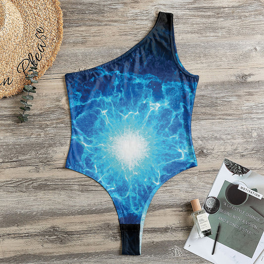 Blue Plasma Energy Print One Shoulder Bodysuit