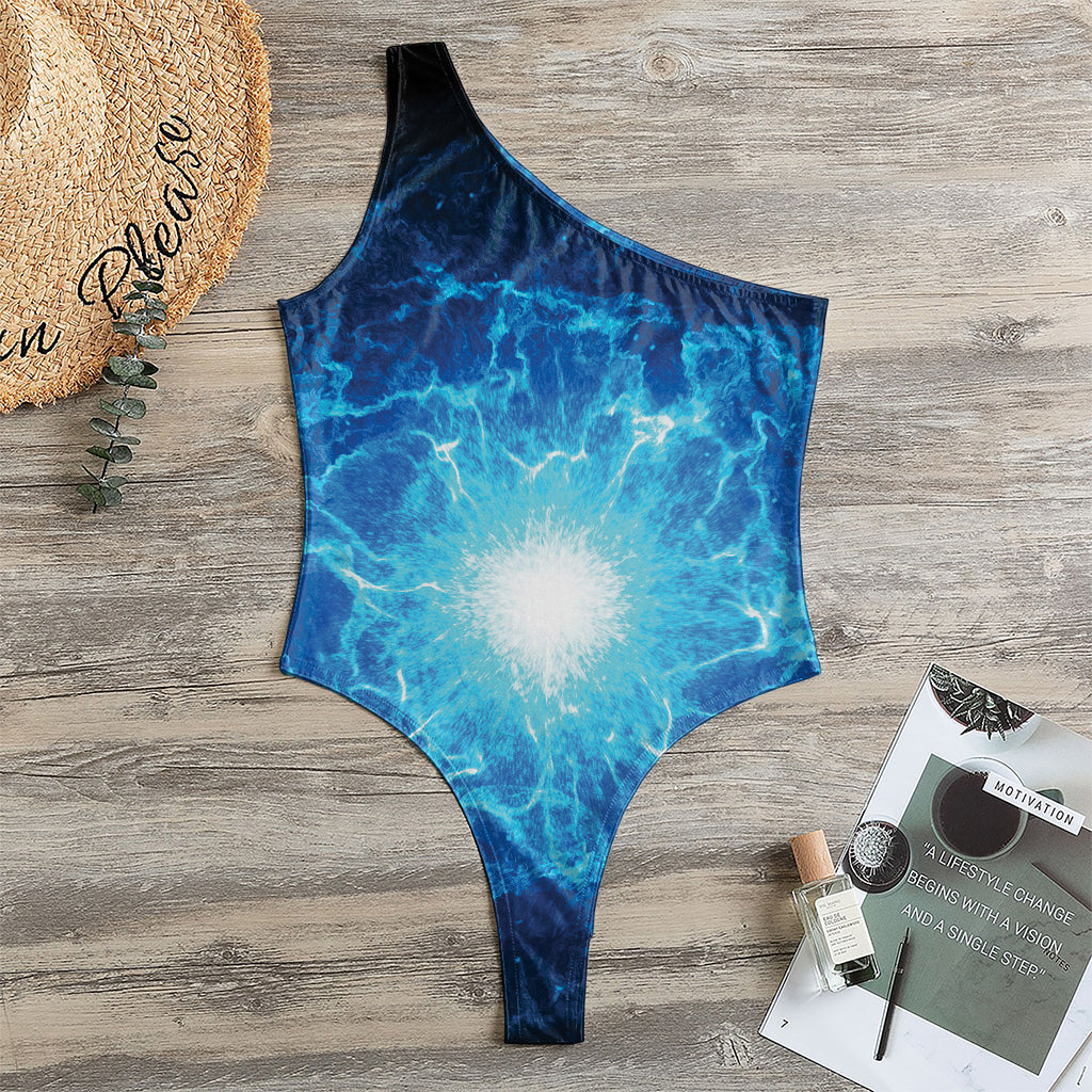 Blue Plasma Energy Print One Shoulder Bodysuit