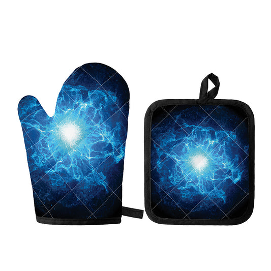 Blue Plasma Energy Print Oven Mitt And Pot Holder Set