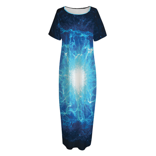Blue Plasma Energy Print Short Sleeve Long Nightdress