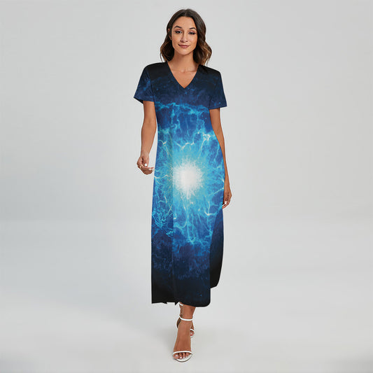 Blue Plasma Energy Print Short Sleeve Maxi Dress