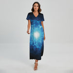 Blue Plasma Energy Print Short Sleeve Maxi Dress