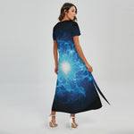 Blue Plasma Energy Print Short Sleeve Maxi Dress