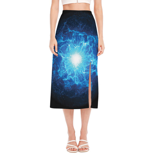 Blue Plasma Energy Print Side Slit Midi Skirt