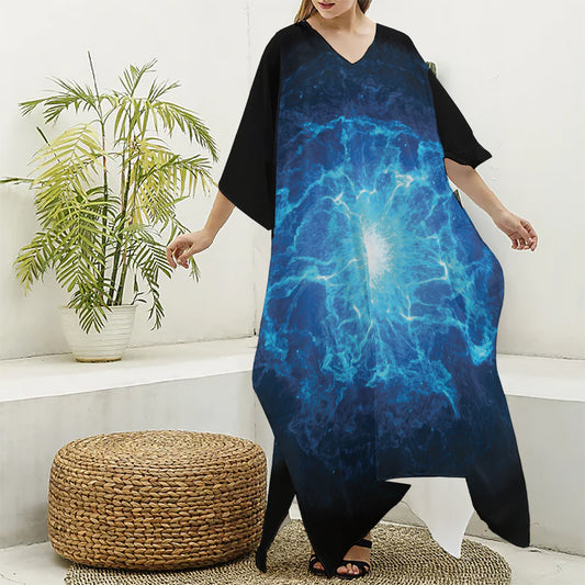 Blue Plasma Energy Print Silk V-Neck Kaftan Dress
