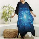 Blue Plasma Energy Print Silk V-Neck Kaftan Dress