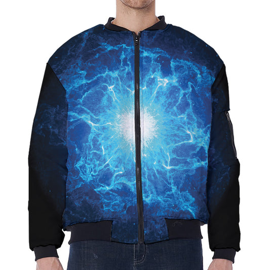 Blue Plasma Energy Print Zip Sleeve Bomber Jacket