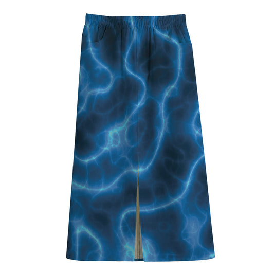 Blue Plasma Print Cotton Front Slit Maxi Skirt