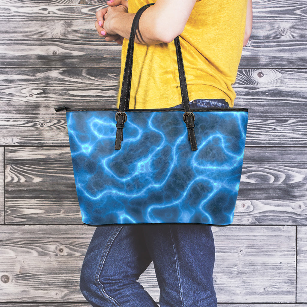 Blue Plasma Print Leather Tote Bag
