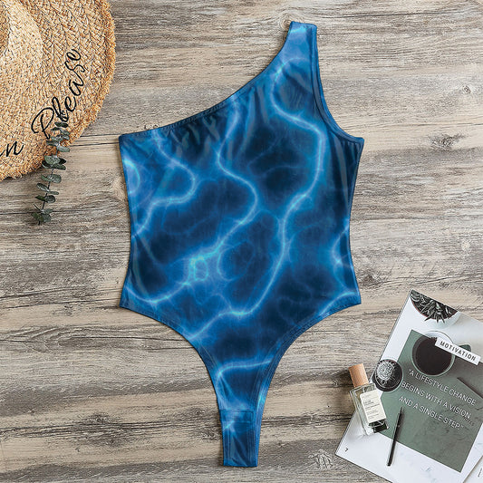 Blue Plasma Print One Shoulder Bodysuit