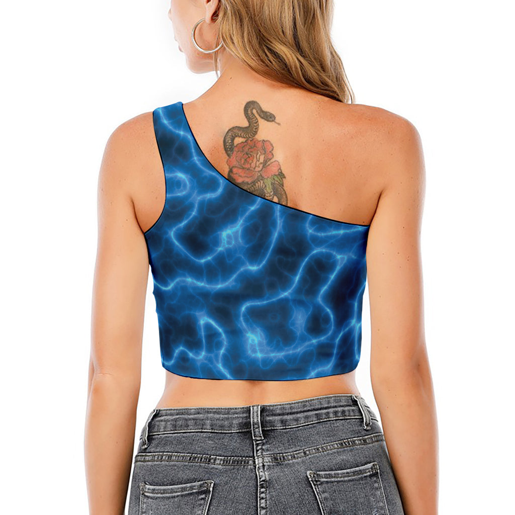 Blue Plasma Print One Shoulder Crop Top