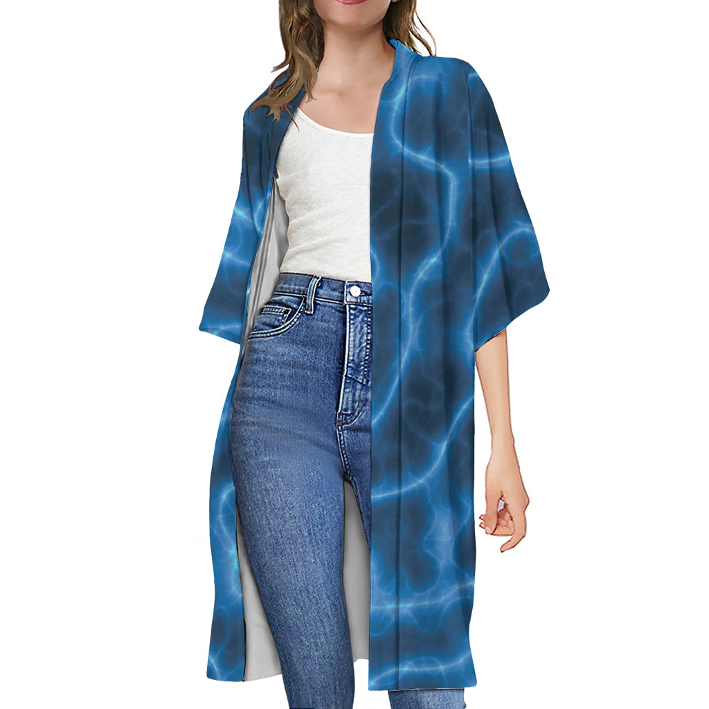 Blue Plasma Print Open Front Beach Cover Up