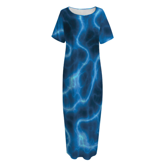 Blue Plasma Print Short Sleeve Long Nightdress