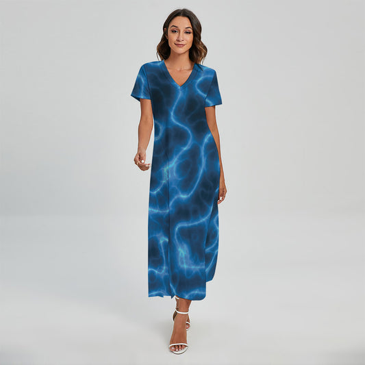 Blue Plasma Print Short Sleeve Maxi Dress