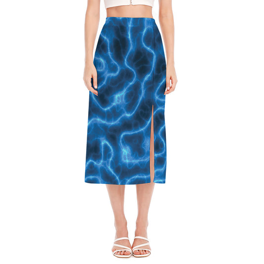 Blue Plasma Print Side Slit Midi Skirt
