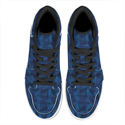 Blue Polygonal Geometric Print High Top Leather Sneakers