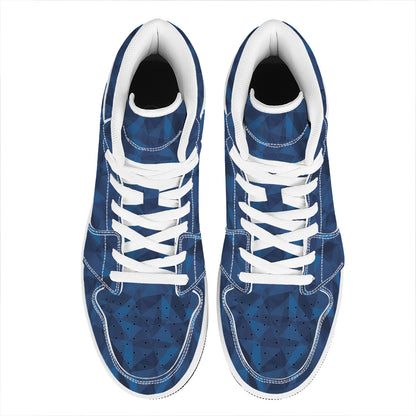 Blue Polygonal Geometric Print High Top Leather Sneakers