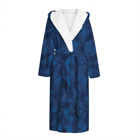 Blue Polygonal Geometric Print Hooded Bathrobe