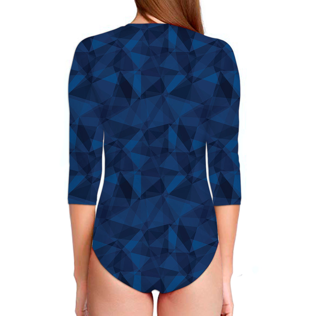 Blue Polygonal Geometric Print Long Sleeve Swimsuit