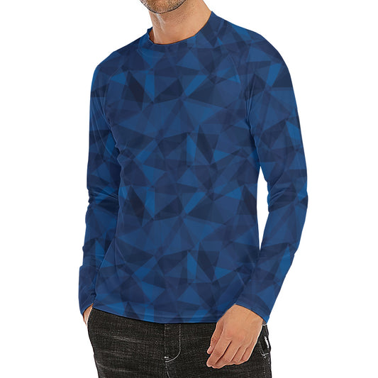 Blue Polygonal Geometric Print Men's Long Sleeve Rash Guard