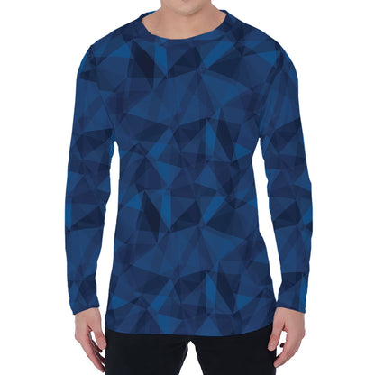 Blue Polygonal Geometric Print Men's Long Sleeve T-Shirt