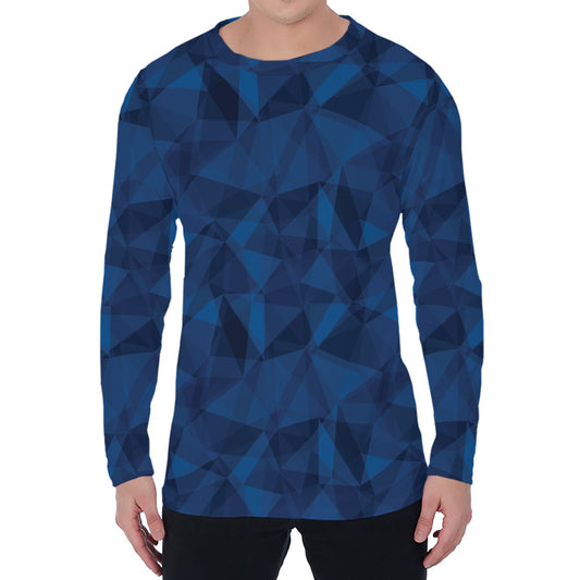 Blue Polygonal Geometric Print Men's Long Sleeve T-Shirt
