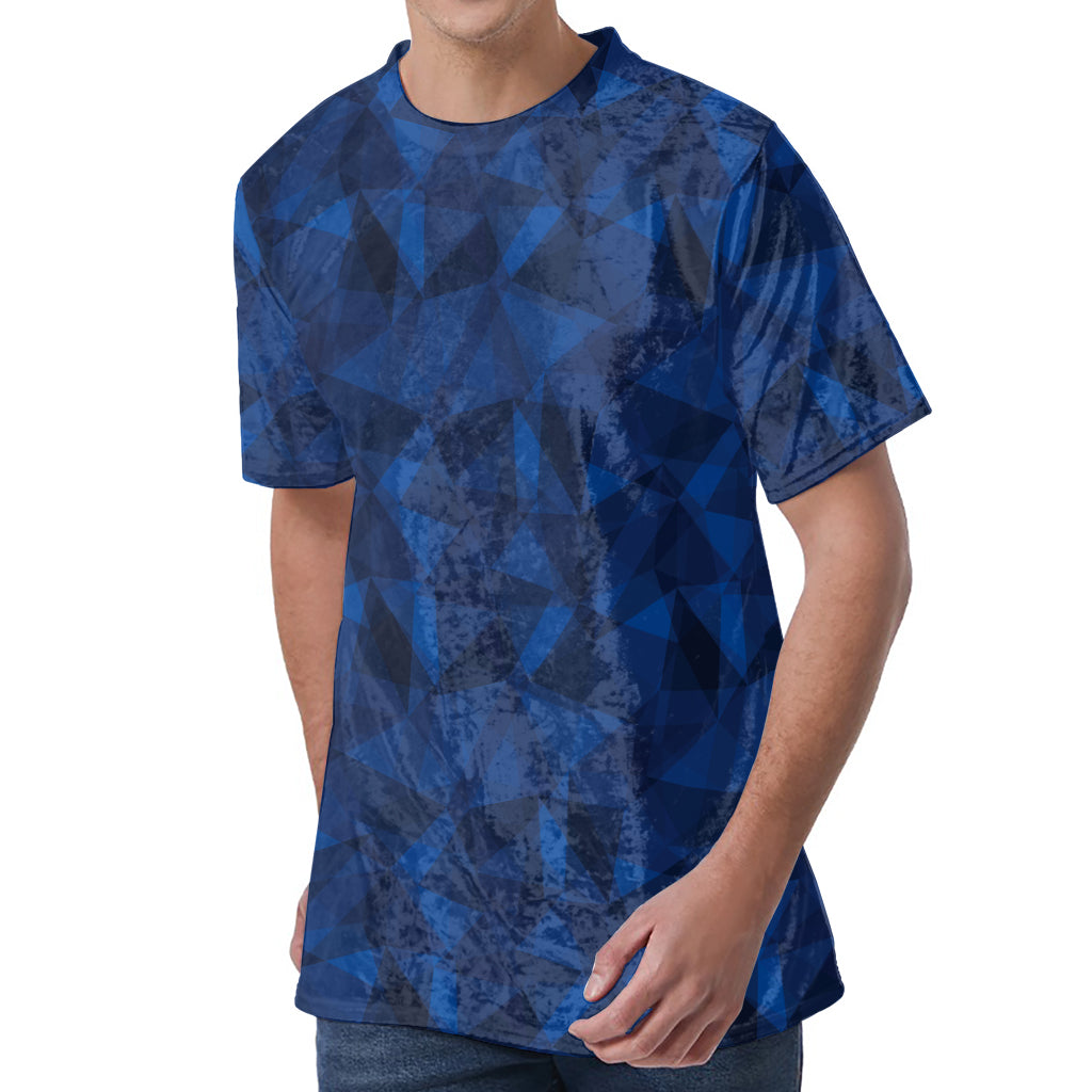 Blue Polygonal Geometric Print Men's Velvet T-Shirt