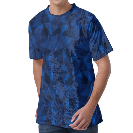 Blue Polygonal Geometric Print Men's Velvet T-Shirt