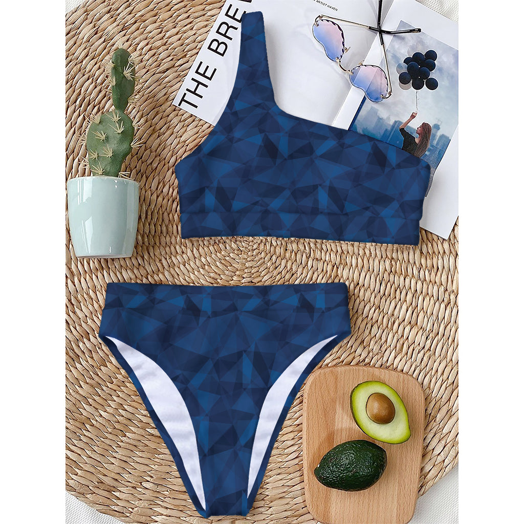 Blue Polygonal Geometric Print One Shoulder Bikini Top
