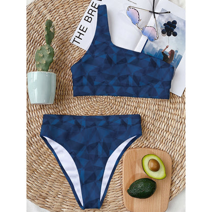 Blue Polygonal Geometric Print One Shoulder Bikini Top