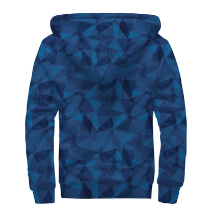 Blue Polygonal Geometric Print Sherpa Lined Zip Up Hoodie