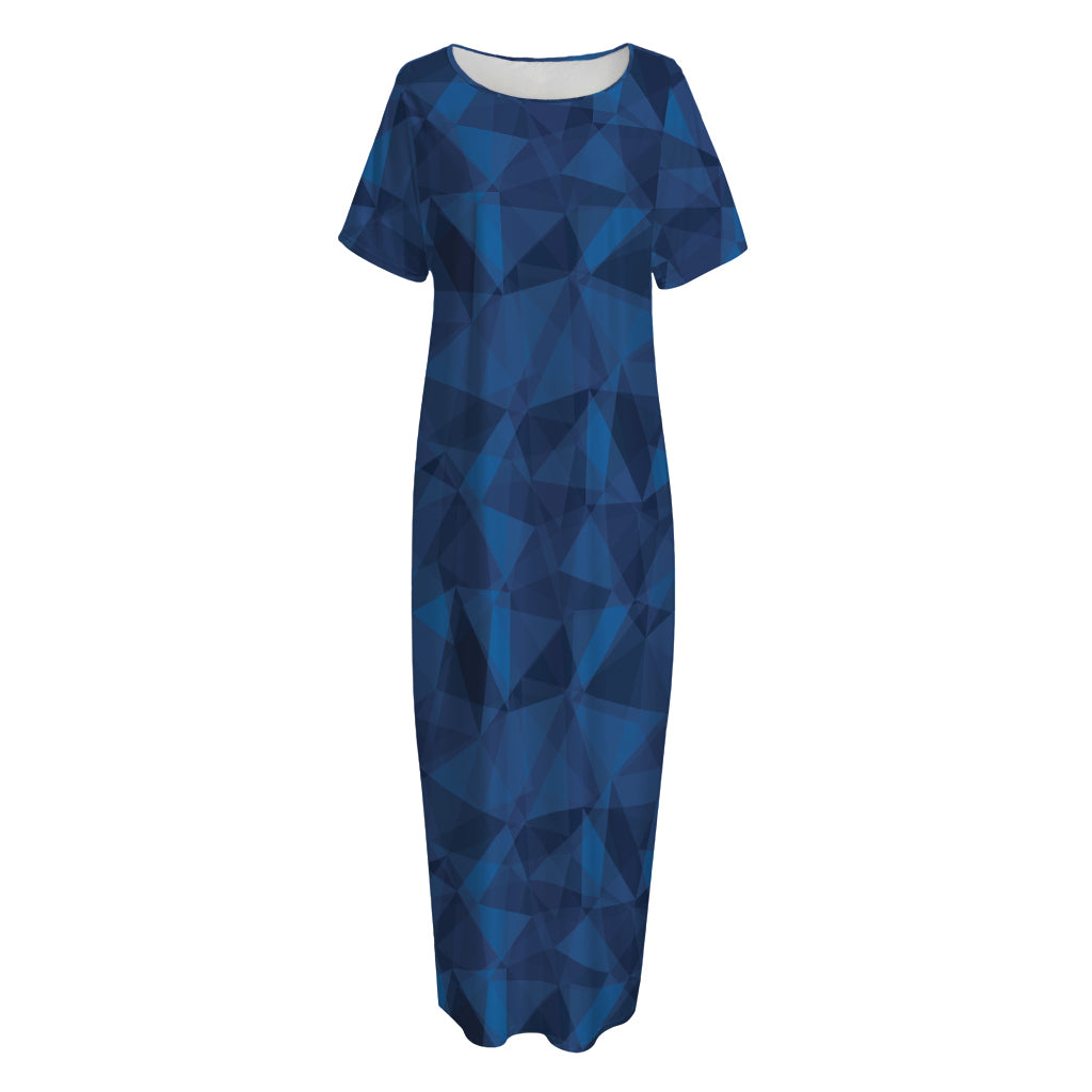 Blue Polygonal Geometric Print Short Sleeve Long Nightdress