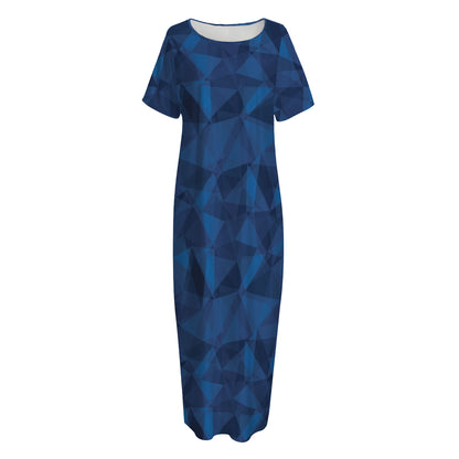 Blue Polygonal Geometric Print Short Sleeve Long Nightdress