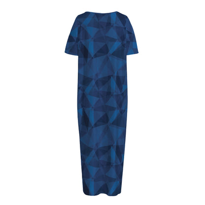 Blue Polygonal Geometric Print Short Sleeve Long Nightdress