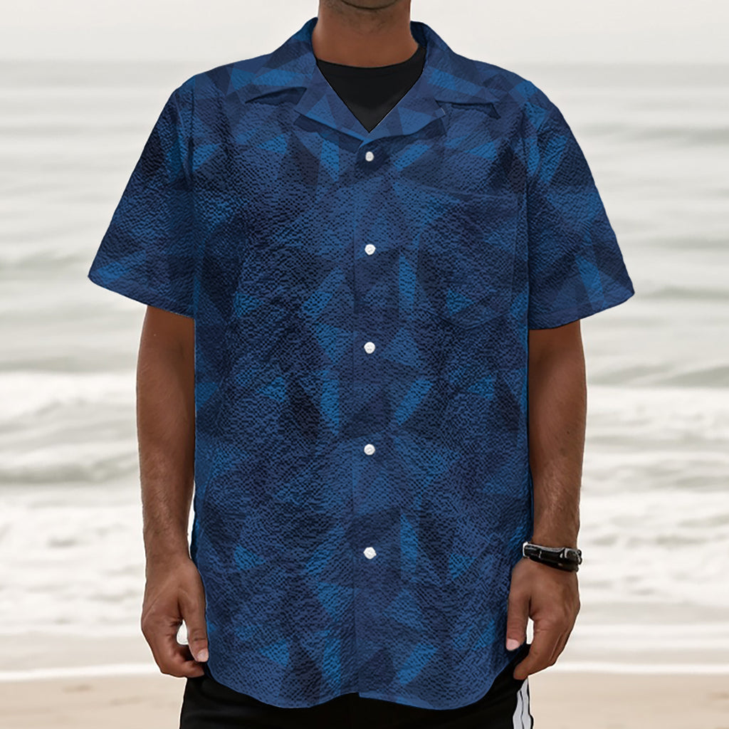 Blue Polygonal Geometric Print Textured Short Sleeve Shirt