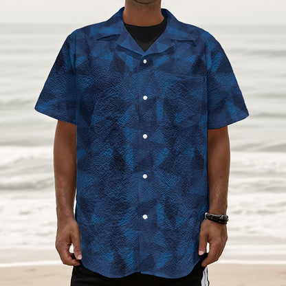 Blue Polygonal Geometric Print Textured Short Sleeve Shirt