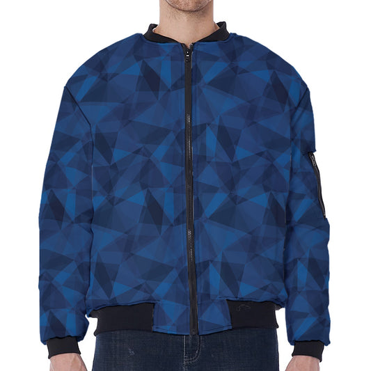 Blue Polygonal Geometric Print Zip Sleeve Bomber Jacket