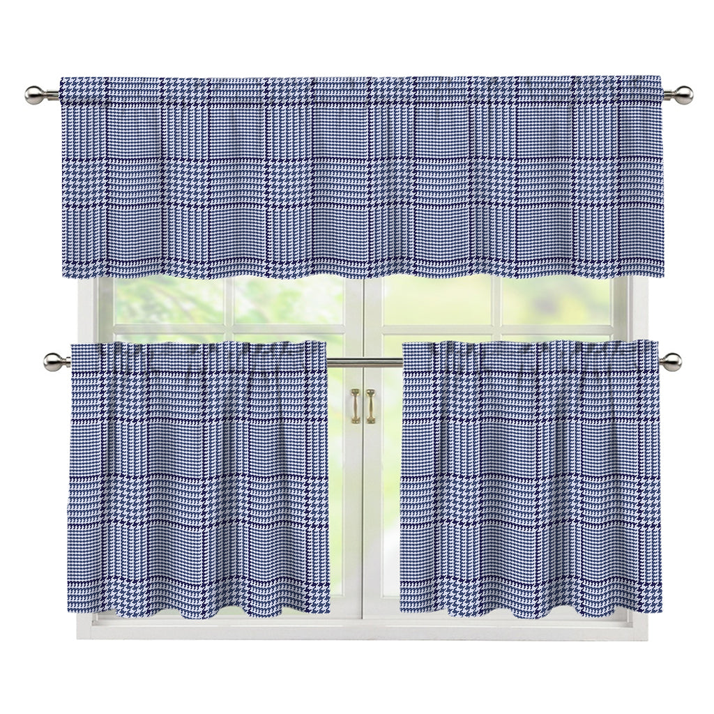 Blue Prince of Wales Check Print 3 Piece Kitchen Curtains