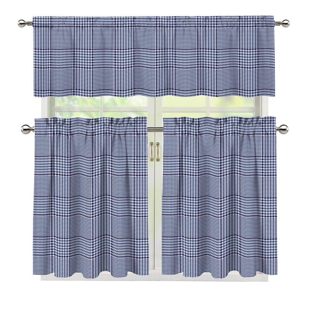 Blue Prince of Wales Check Print 3 Piece Kitchen Curtains