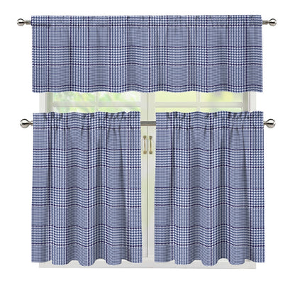 Blue Prince of Wales Check Print 3 Piece Kitchen Curtains