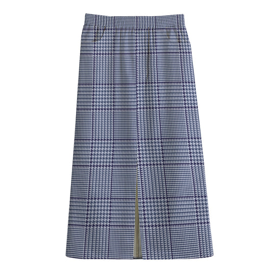 Blue Prince of Wales Check Print Cotton Front Slit Maxi Skirt
