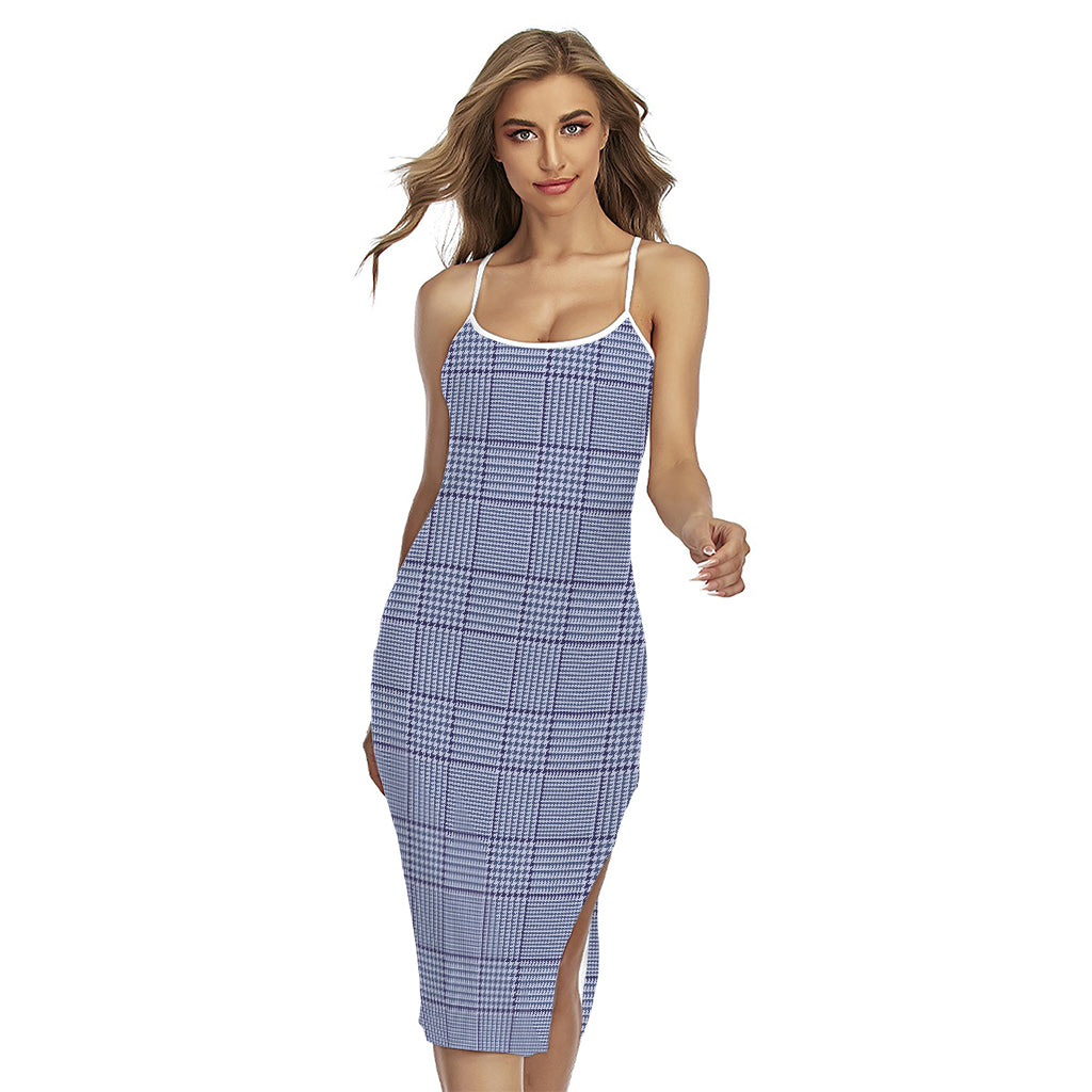 Blue Prince of Wales Check Print Cross Back Cami Dress