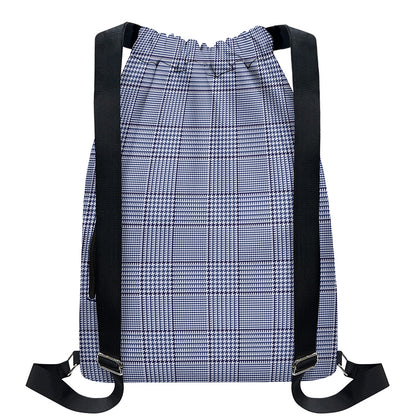 Blue Prince of Wales Check Print Drawstring Backpack