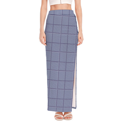 Blue Prince of Wales Check Print High Slit Maxi Skirt