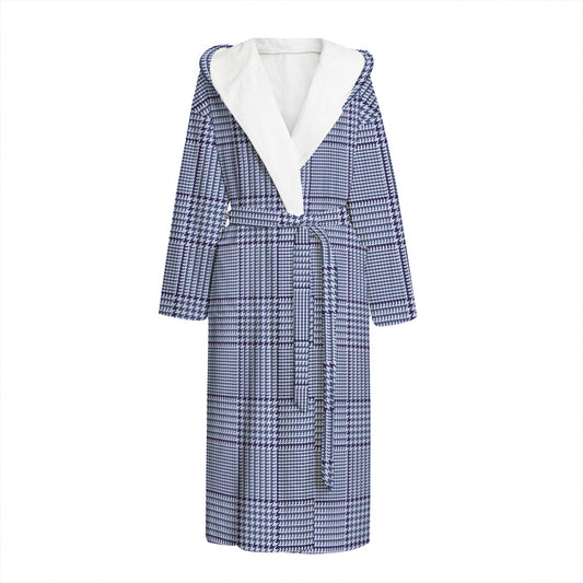 Blue Prince of Wales Check Print Hooded Bathrobe