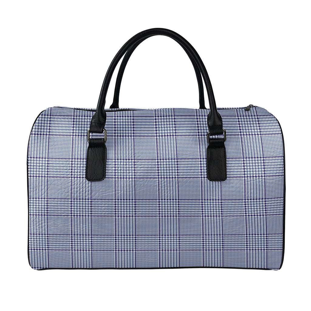 Blue Prince of Wales Check Print Leather Duffle Bag