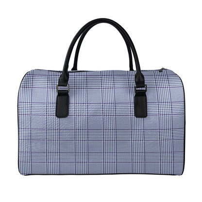 Blue Prince of Wales Check Print Leather Duffle Bag