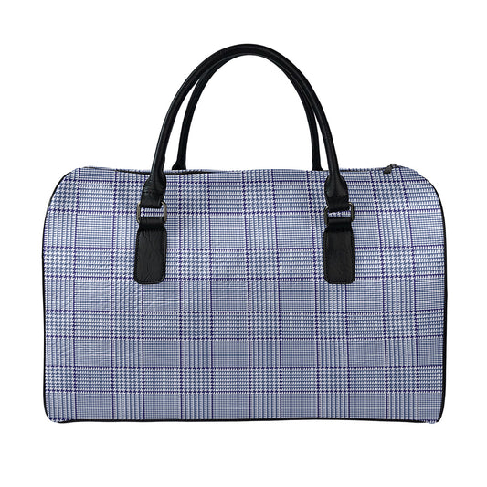 Blue Prince of Wales Check Print Leather Duffle Bag